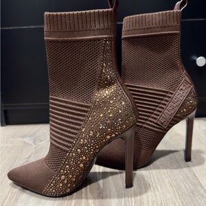 Brown Embellished Knit Sock Booties - Women's
